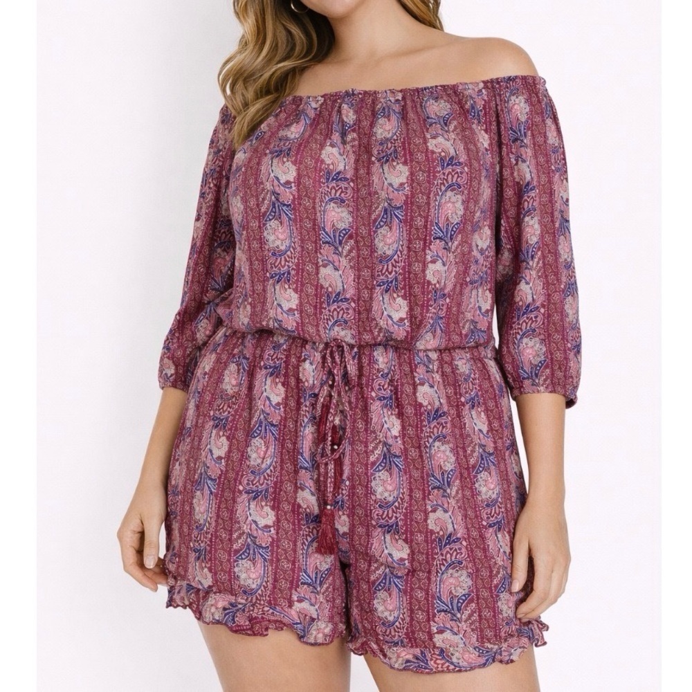 American Eagle romper burgundy floral one piece on/off shoulder elastic waist LG